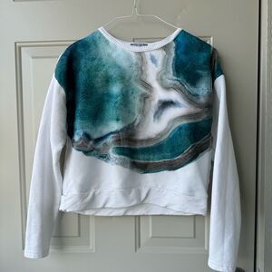 Zara WBB Collection Art Watercolor Pullover Sweater Sz L Casual White Teal Print